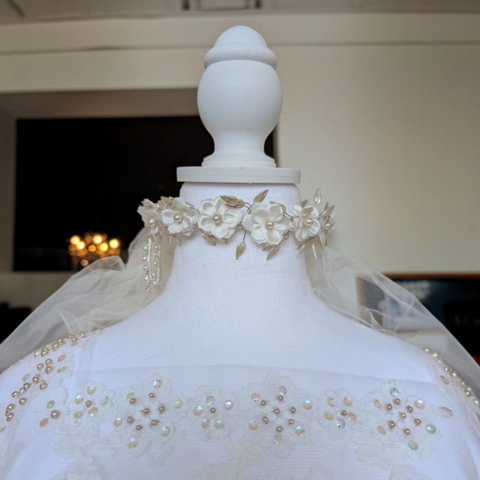 Vintage 1960s Bridal Flower Crown & Veil | Ivory Silk Floral Pearl Headpiece with Beaded Tulle Veil