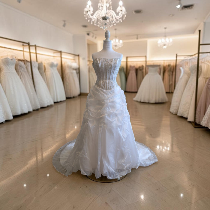 Strapless Beaded Bodice Wedding Dress with Ruffled Skirt – Size 2