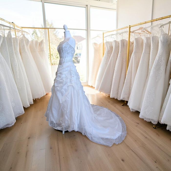 Strapless Beaded Bodice Wedding Dress with Ruffled Skirt – Size 2