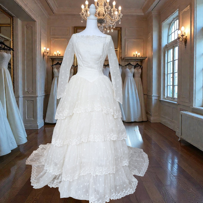 1960 Vintage Wedding Dress | Romantic Lace & Tiered Bridal Gown