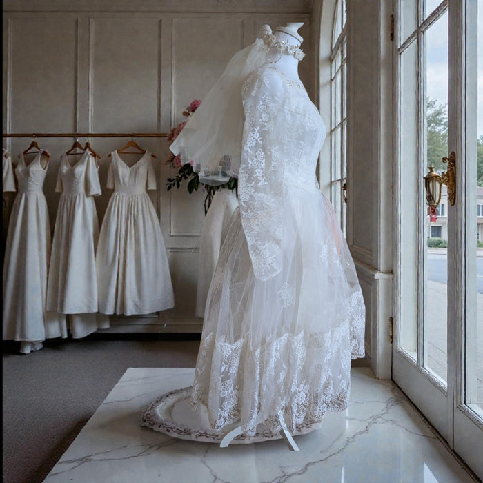 Vintage 1960s Bridal Flower Crown & Veil | Ivory Silk Floral Pearl Headpiece with Beaded Tulle Veil