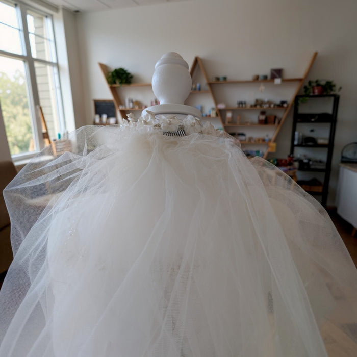 Vintage 1960s Bridal Flower Crown & Veil | Ivory Silk Floral Pearl Headpiece with Beaded Tulle Veil
