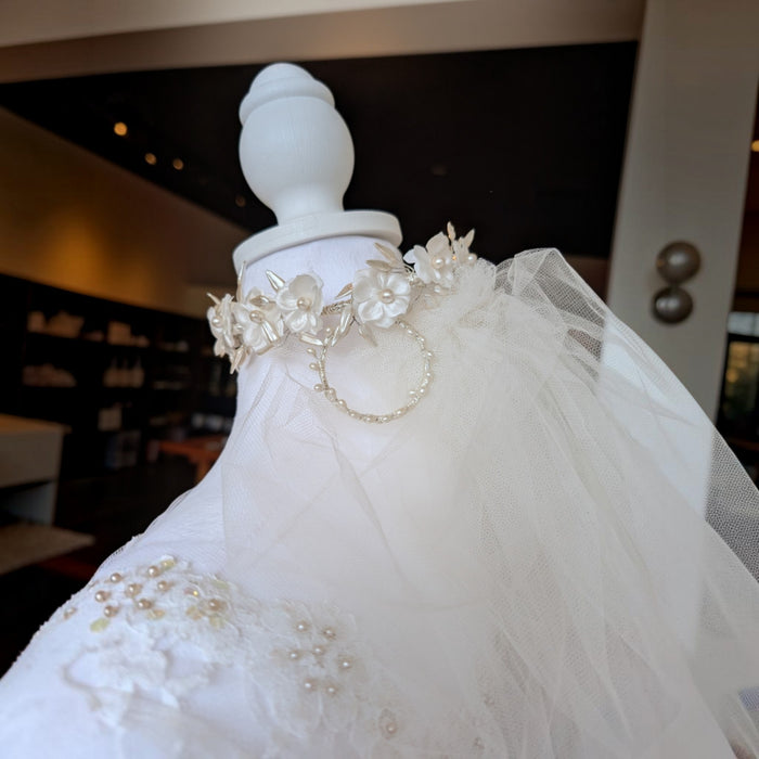 Vintage 1960s Bridal Flower Crown & Veil | Ivory Silk Floral Pearl Headpiece with Beaded Tulle Veil